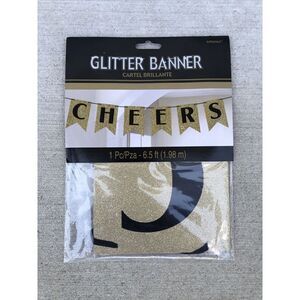 NEW YEAR'S 'Black Gold Silver" GLITTER BANNER . CHEERS. 6.5 Ft.